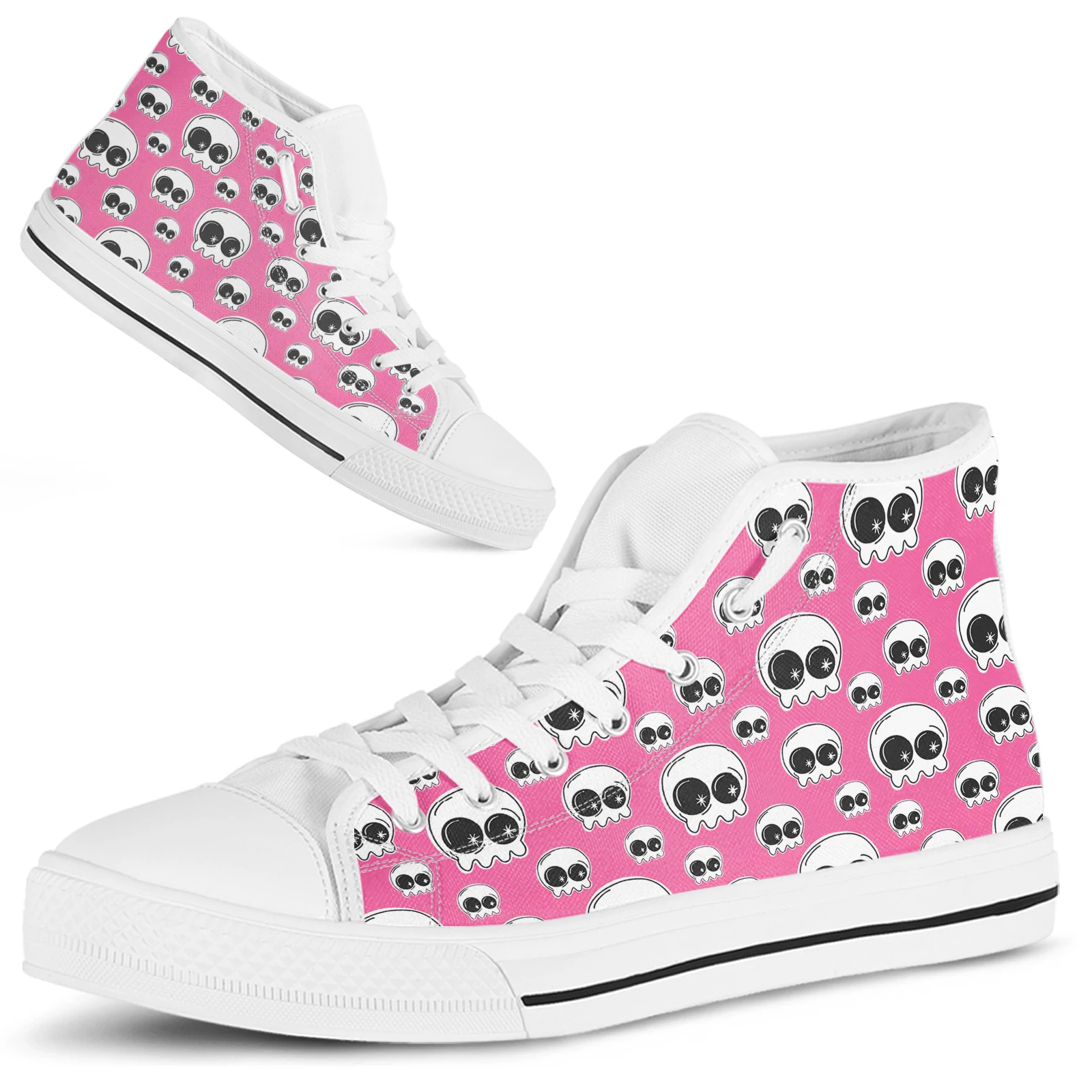 ELVISWORDS Pink Skull High-top Women's Shoes Comfortable Lace-up Girls' Tennis Shoes Skull Print White Soft-soled Sneakers Flats