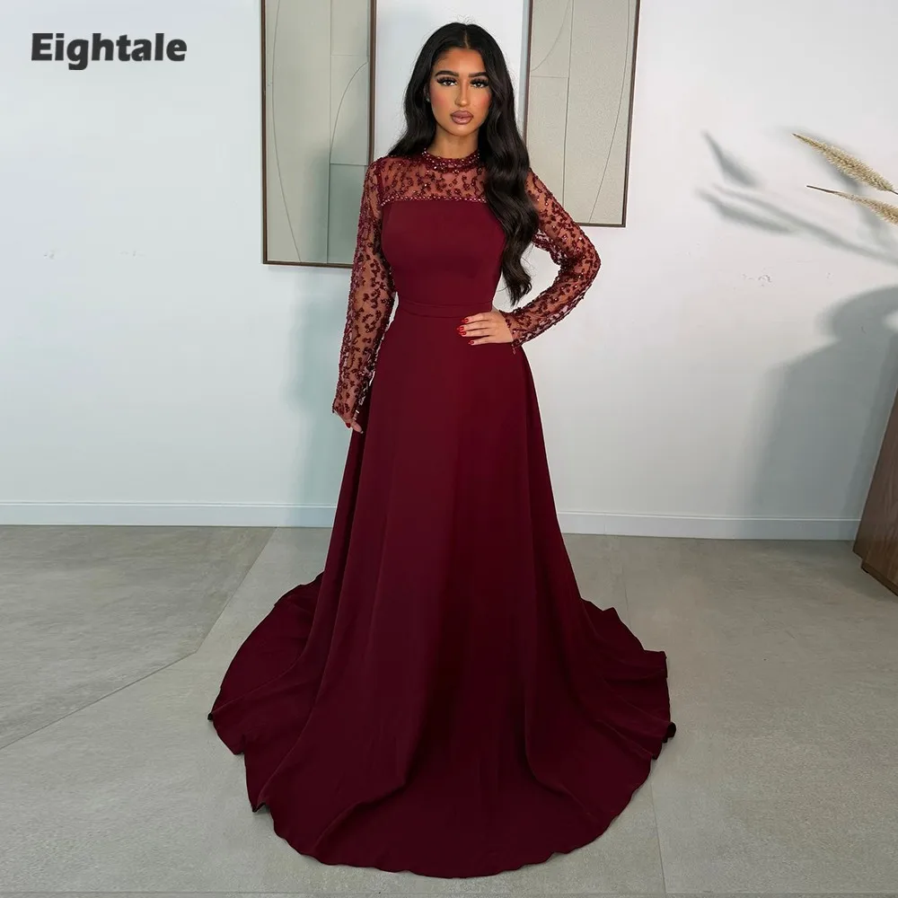 

Eightale Arabic Evening Dress Luxury Prom Gown Customized O-Neck Sequin Burgundy Wedding Party Dress A-Line Robes De Soirée