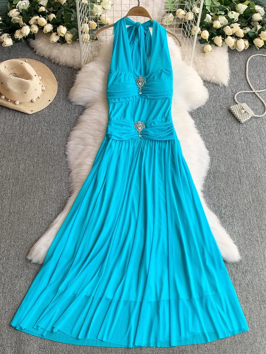 Ele bleu Long Dr femmes été Vaion Sle diamant décoré taille cintrée fée a-ligne Dr coréen Sle