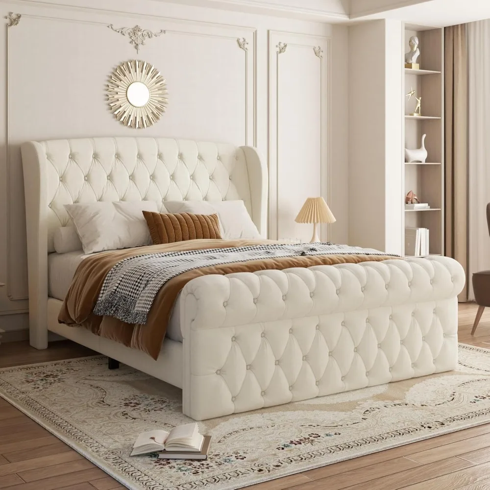 

Queen Bed Frame, Chenille Platform Bed with 52.2" Tall Wingback Headboard and Footboard, Button Tufted, No Box Spring Required,