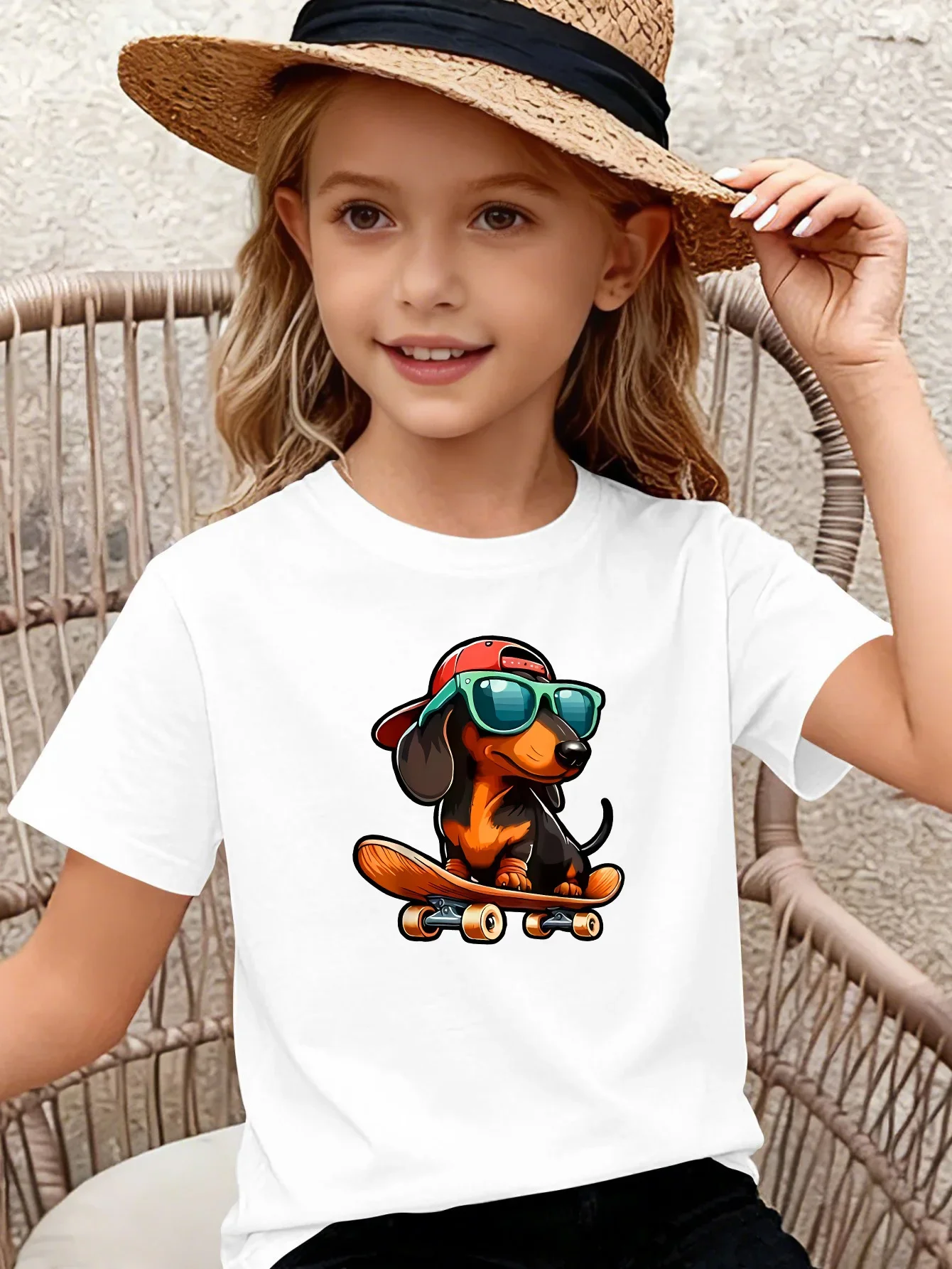 Skateboard Dachshund Cap Sunglasses Print Family Matching Cotton Tees Short Sleeve Tops For Mom Dad Boys Girls Daily Wear