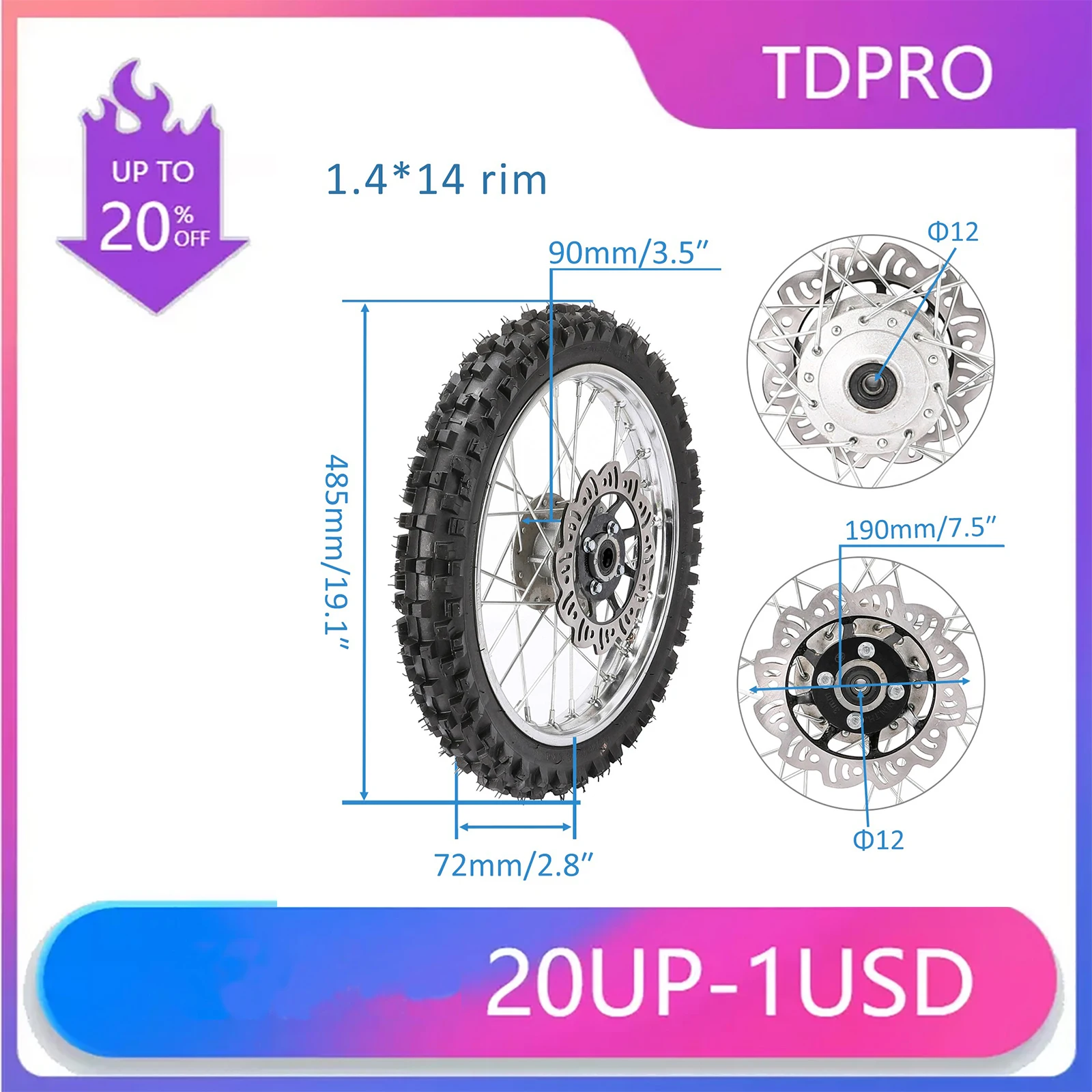 

TDPRO 1.4x14" Front Wheel Rim 60/100-14 Tire Assembly For 70cc 90cc 110cc 125cc 140cc 150cc 160cc Dirt Pit Bike