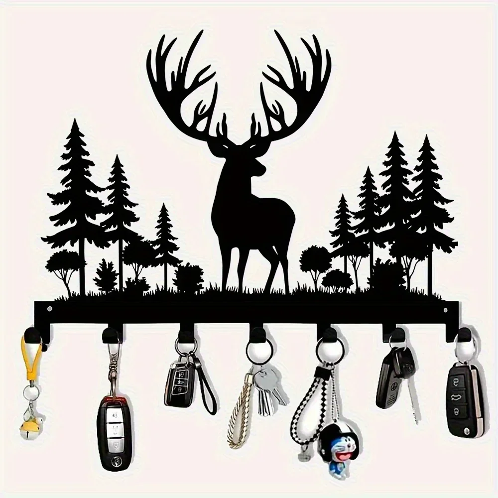 Portallaves de hierro fundido resistente, organizador de pared con 7 ganchos, diseño de ciervo y astas para toallas y abrigos