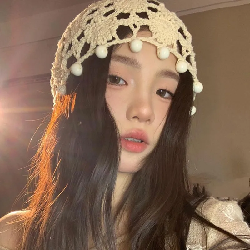 Japanese Old Fashion Hollow Fringed Pearl Flower Knitted Pullover Hat Women Spring Autumn Ethnic Style Breathable Beanie Caps