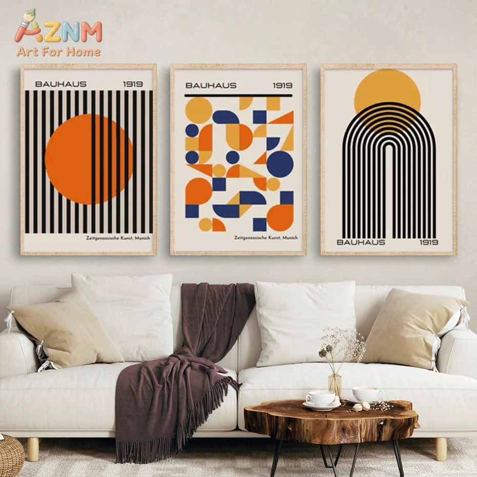 AZNM Bauhaus 1919 Canvas Wall Art Abstract Geometric Circle Line Print Mid Century Modern Living Room Decor Unframed
