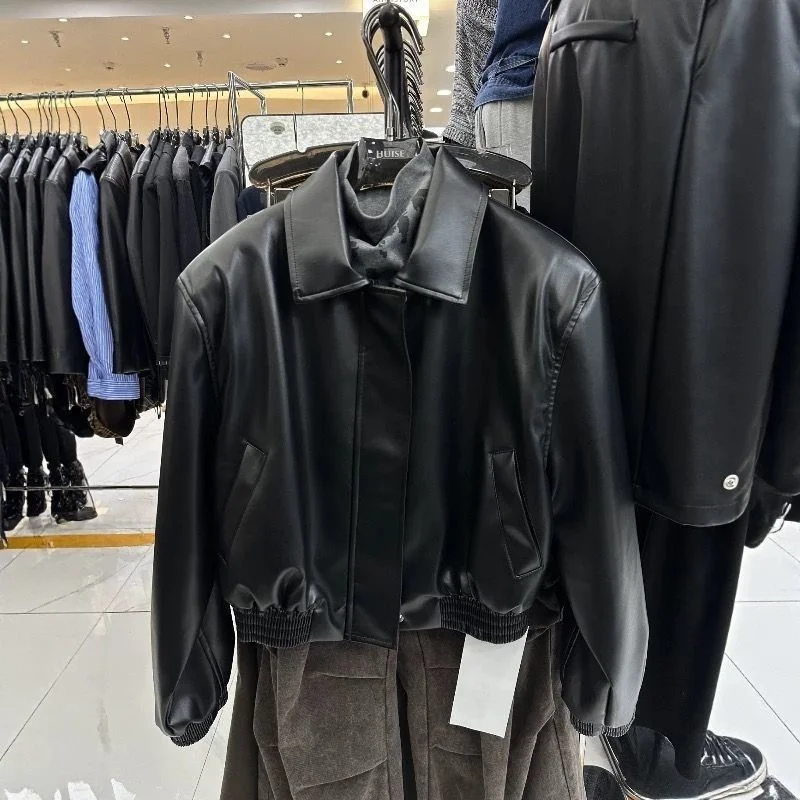 2025 Giacca da donna in pelle bianca e arancione alla moda delle celebrità di Internet Giacca da donna in vita ampia e sottile versione coreana autunnale