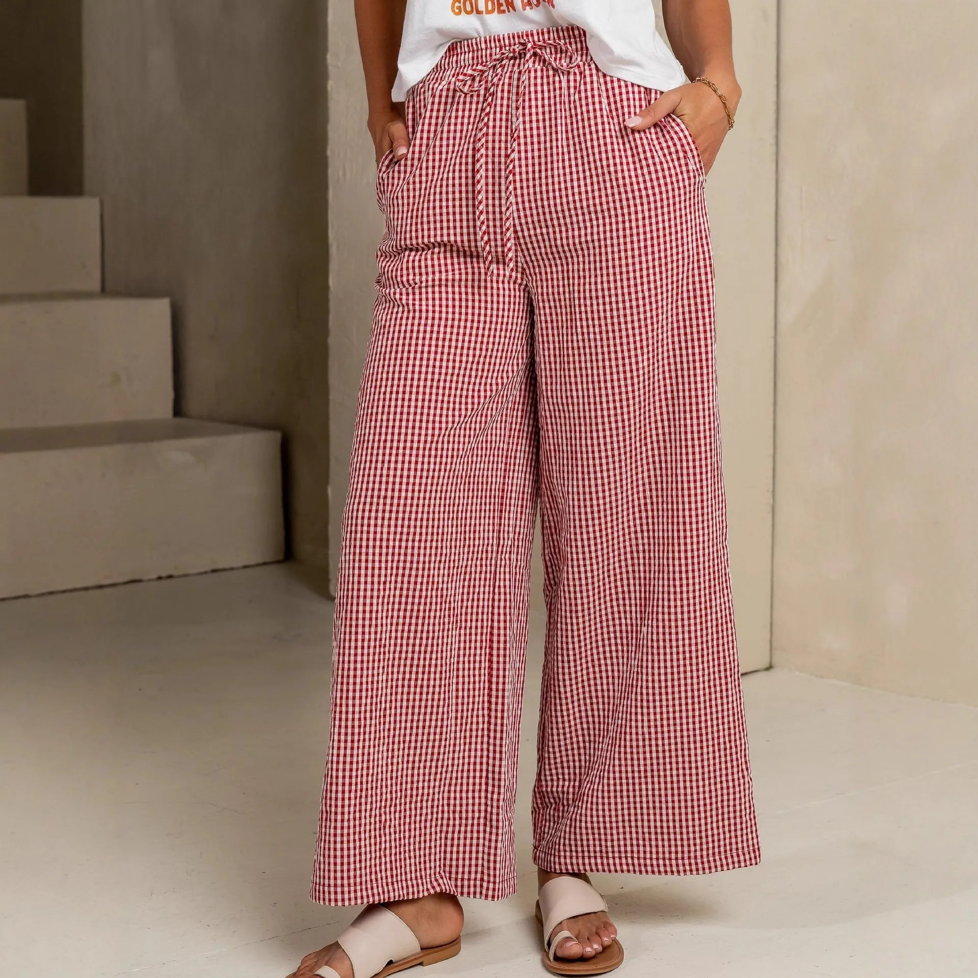 Women's Elastic Waist Cotton Long Color Block Casual Pants with Side Pockets Loose Fit Ankle Length Women's And Female Clothing