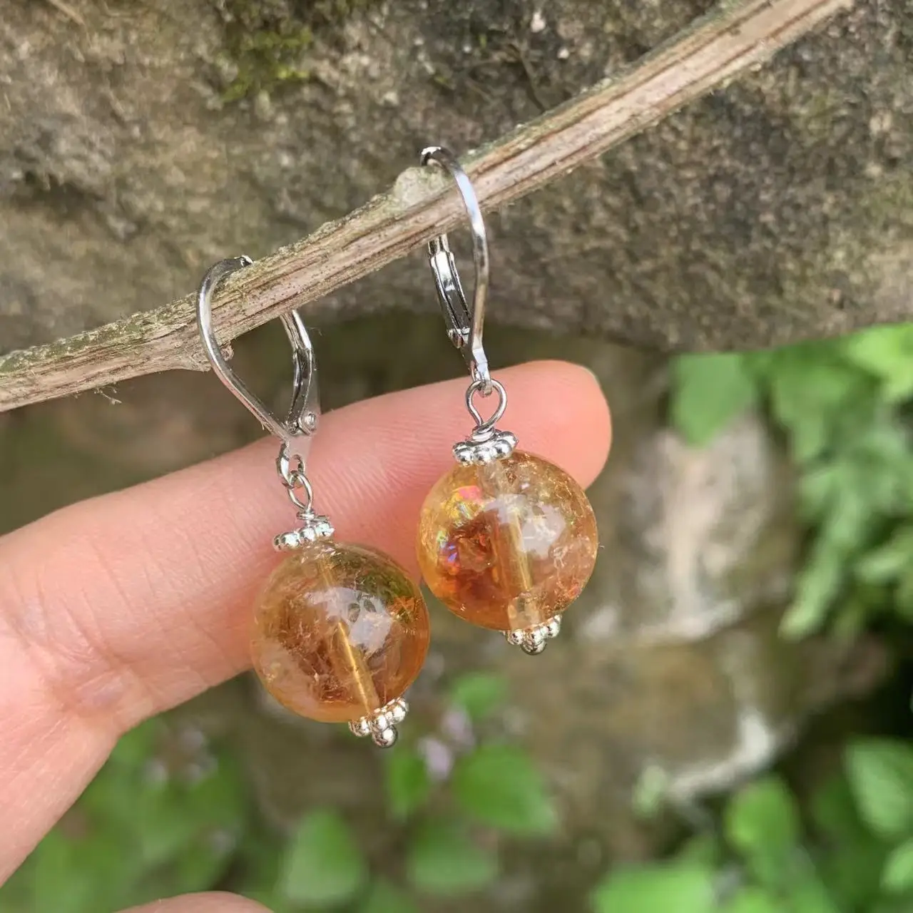 HEYYA STONE 10MM Natural Azeztulite Citrine Drop Earrings Simple Classic 925 Sterling Silver Gemstone Jewelry