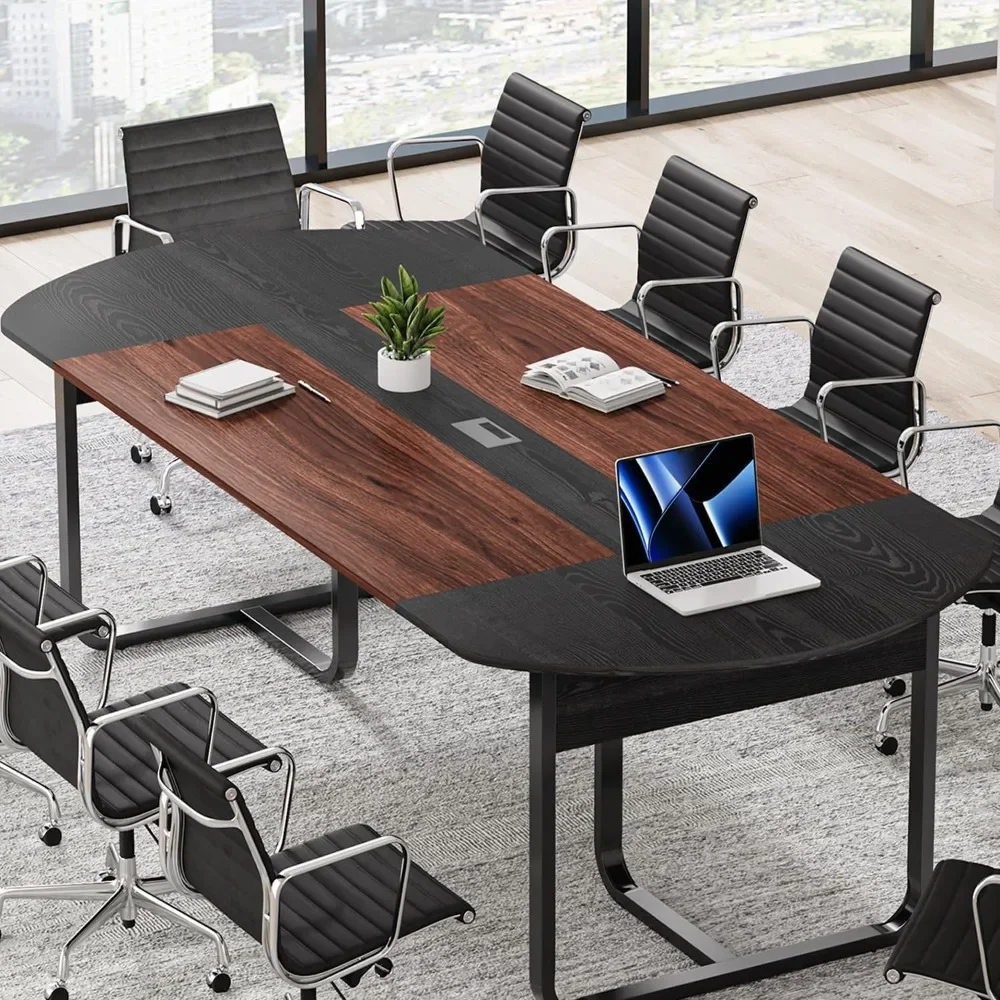 8FT Conference Room Table, Curved Meeting Table for Office with Rectangle Grommet, Modern Boardroom Table