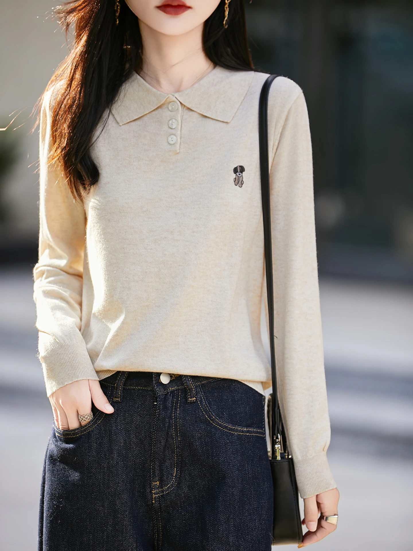 Prendas de punto bordadas con cuello retro, ropa de abrigo larga y fina de otoño con cuello vuelto, Top básico holgado y suave para mujer...