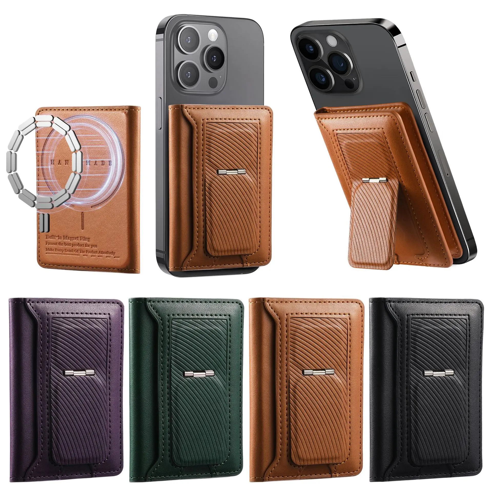 

Universal Leather Wallet Magnetic Holder for iPhone 17 16 15 14 Pro Max Stand Holder Card Pocket for Mag-safe S26 S25 S24 Ultra