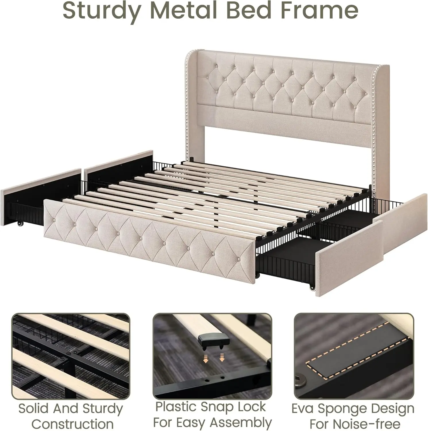 King Size Bed Frame with 4 Storage Drawers and Tufted Headboard Linen Upholstered Platform Bed Frame Wingback Beds with Wooden S