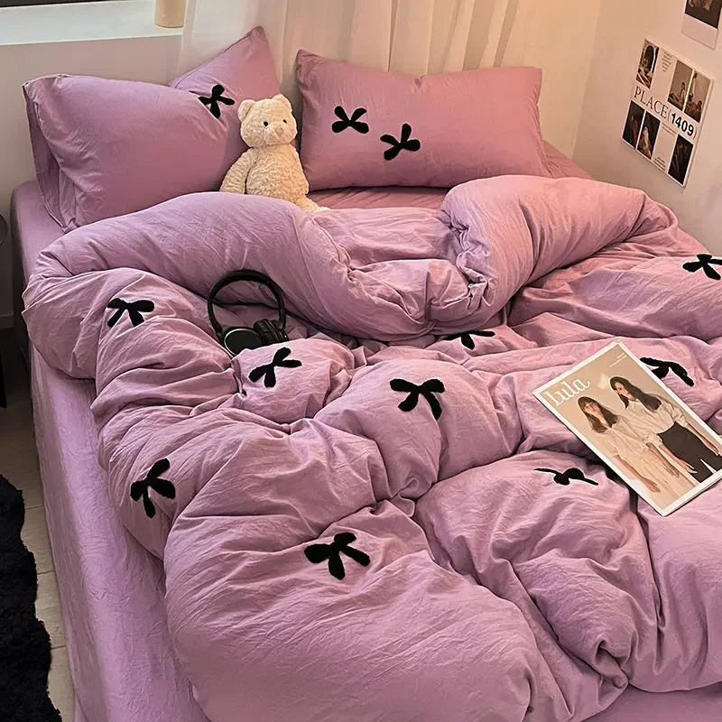 

Korean Style Princess Black Bow Bedding Set Soft Washed Cotton Bed Linens With Sheet Pillowcase Girls Duvet Cover Decor Home