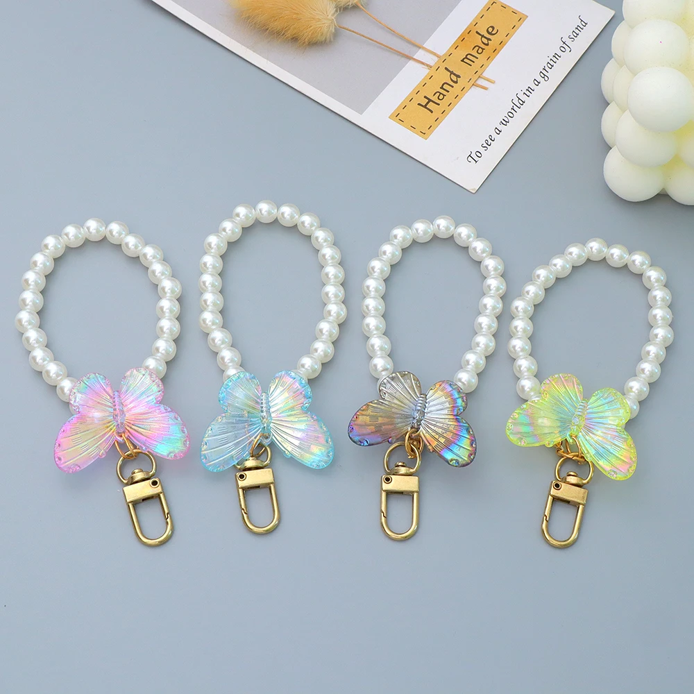 Fashion Acrylic Butterfly Keychain Sweert Pearl Beaded Key Ring For Women Girl Cute Car Keyring Bag Pendant Accessories Gift