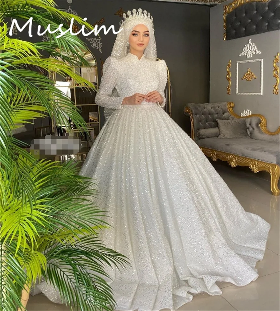 Sparkly Sequin Muslim Wedding Dress 2024 Long Sleeve A Line Irish Abayas Bridal Gown Glitter Arabic Islamic Rustic Country Bride