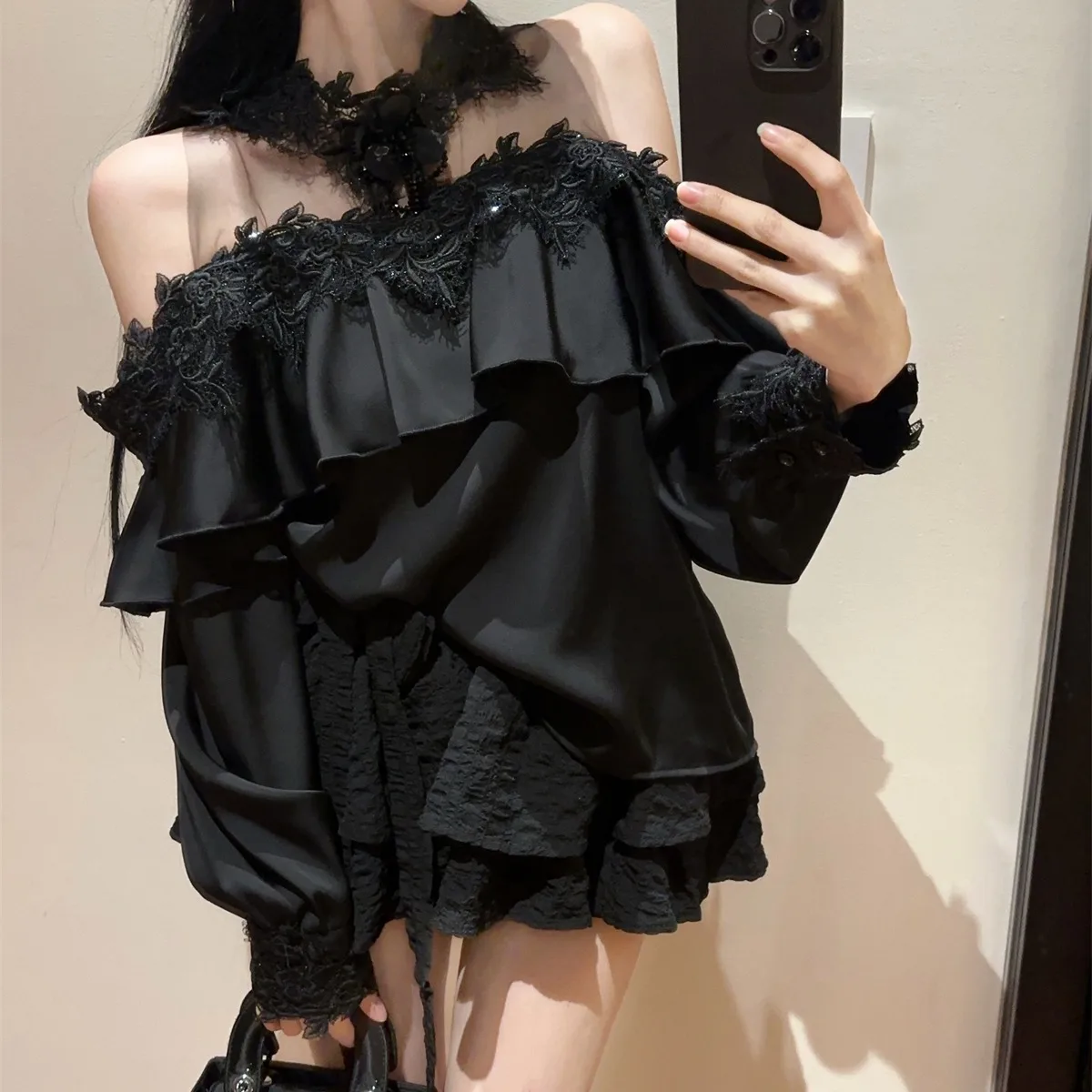 Sweet Embroidered Tulle Ruffle Lace irt And Cake Skirt Women's Set Autumn New Sle Long Sve One oulder Faion Ensemble