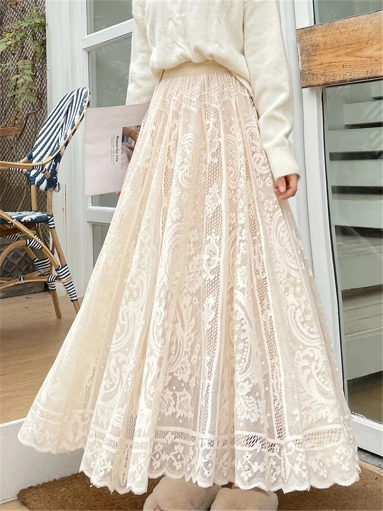 REALEFT Vintage Women's Lace Crochet Umbrella Long Skirts 2022 Bohemian High Waist Hollow Out Female Maxi Skirts Spring Summer