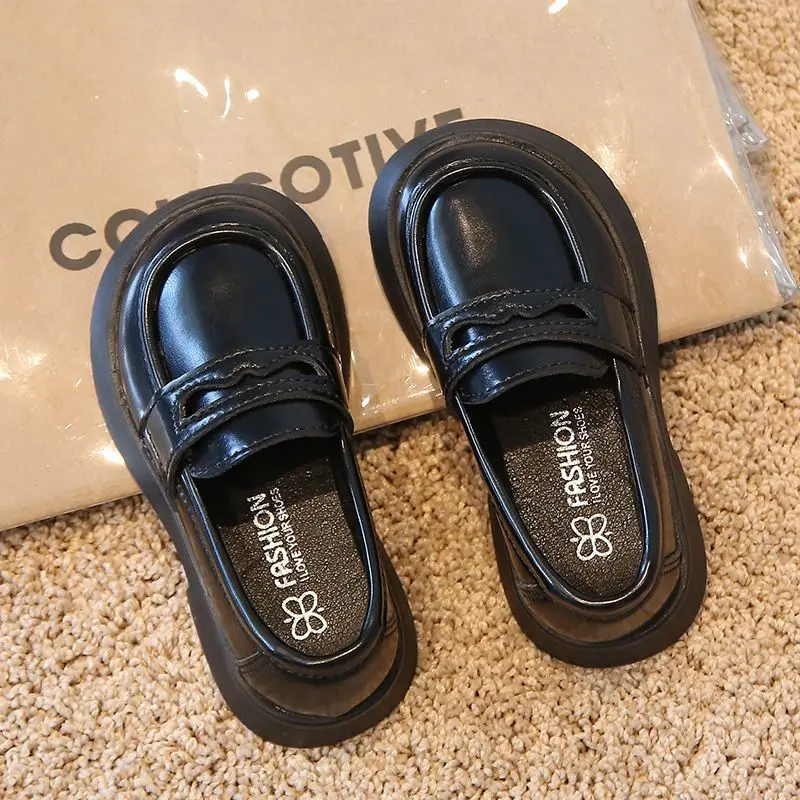 

Kids Black Leather Shoes British Style Velcro Strap Thick Sole Spring Autumn Casual Performance Shoes for Boys Girls