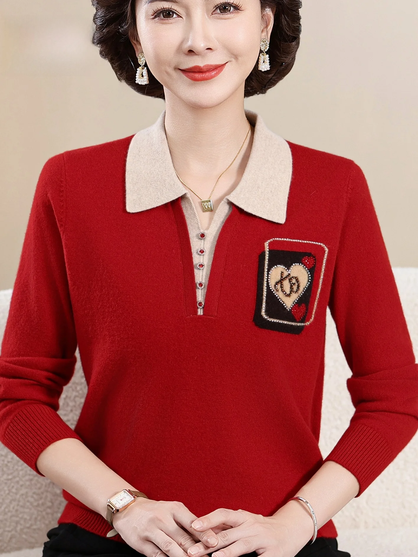 

Теплый шерстяной вязаный свитер с воротником, имитация двухслойного дизайна, с вышивкой, для женщин среднего возраста...