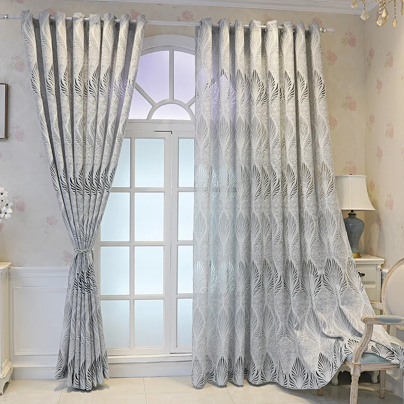 Translucent and Impermeable Curtains Gray Simple Modern Leaf Gauze Curtains Living Room Bedroom Semi-shading Yarn High-end