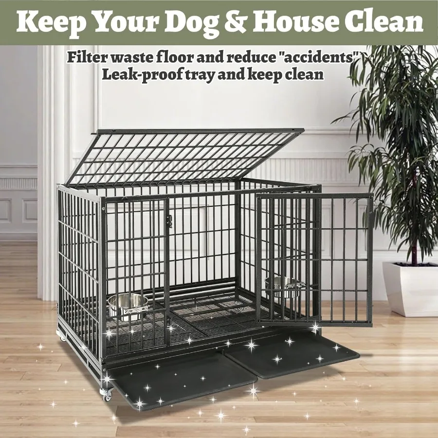 48 بوصة غير قابل للتدمير الثقيلة الكلب قفص باب مزدوج للكلاب سلالة كبيرة مثالية للحيوانات الأليفة عالية القلق الهروب برهان داخلي Ke