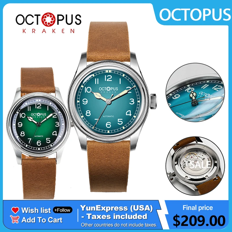 

Часы Octopus Kraken 38 мм, пилотские, ретро, из нержавеющей стали, с механизмом PT5000 SW200, автоматические механические наручные часы, светящиеся, для дайвинга