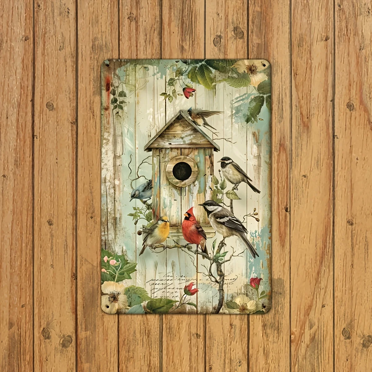 Vintage-Vogelhaus-Metallschild – Rustikale Wandkunst mit bunten Vögeln und blühenden Blumen, langlebige Eisendekoration für Zuhause