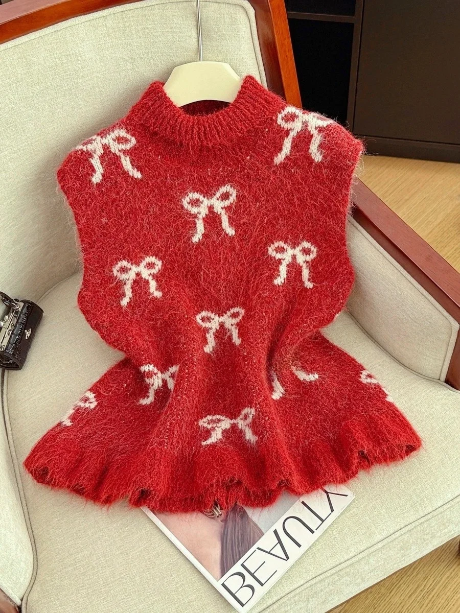 

Chic Knitted f-High Collar Vest Women's Inner Wear Knot Warm Sweater Autumn Winter Faion Trend Red Color