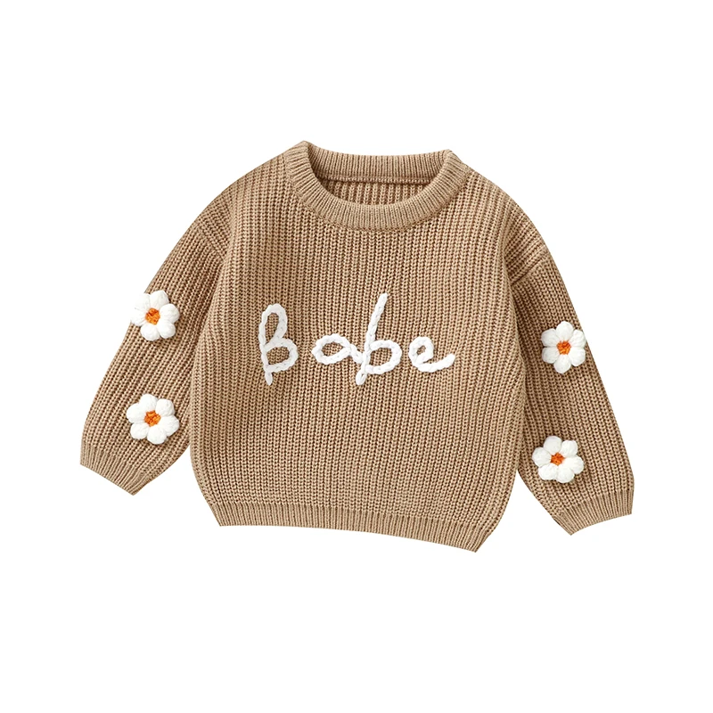 Sweet Floral & Letter Embroidery Print Baby Girls Long Sleeve Sweaters Knitted Acrylic Baby Soft Sweatshirt For Newborn Infants