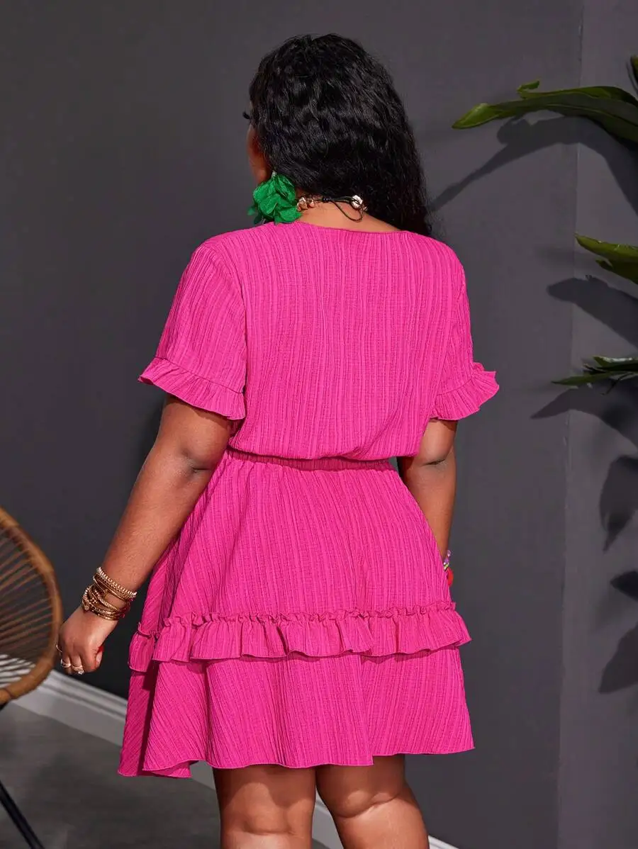 

Fuchsia Ruffle Trim Mini Dress With Short Sleeves A-Line Hem Woven Texture For Casual Holiday Summer