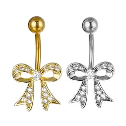 Bowknot Navel Rings For Women Silver Gold Color Sexy Bikini Party White Zircon Short Belly Button Nail Body Piercings Jewelry CZ