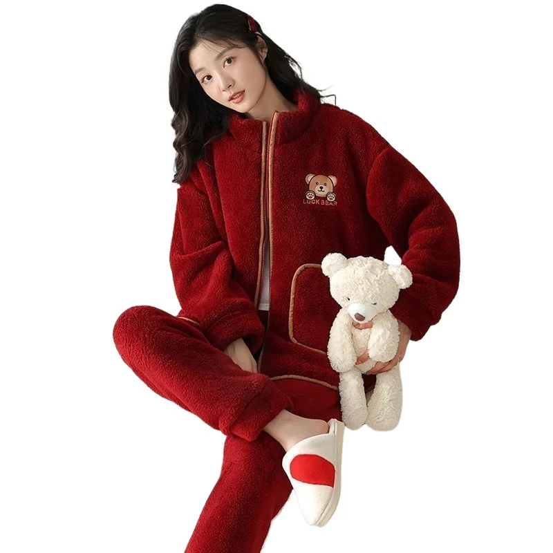 Coral Fleece Pajamas for Women Autumn and Winte Thickened with Fleece Home Wear Zipper Set Can Be Worn Outside