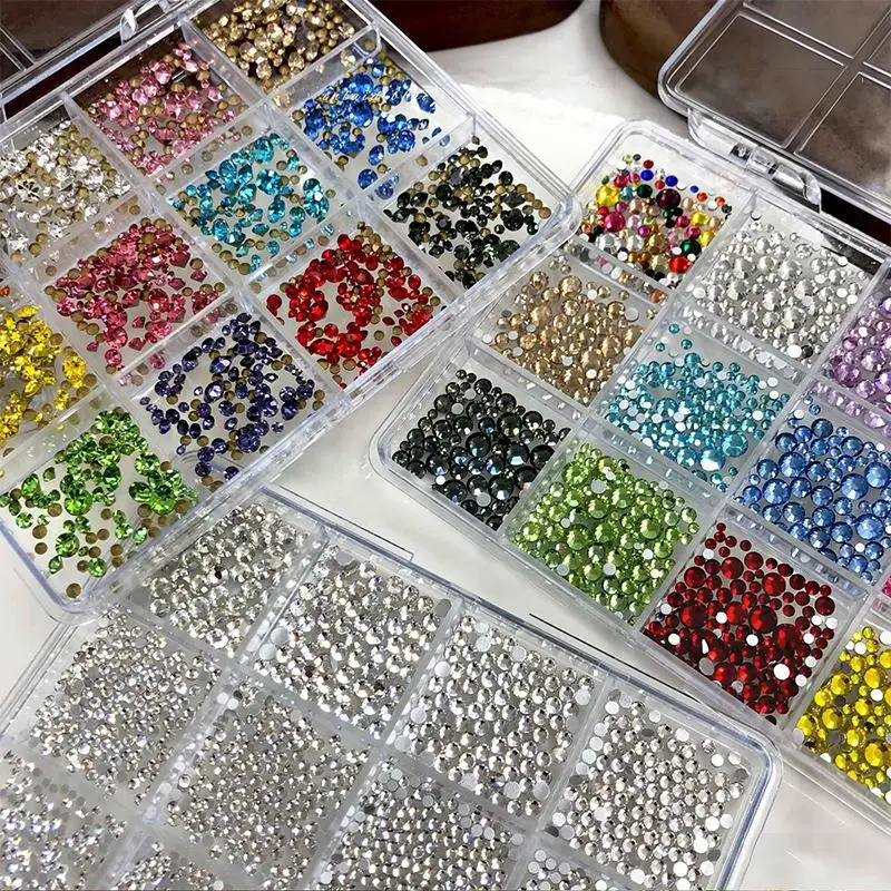Flat Back Nail  12 Grid Storage Box  Beads for DIY Nail Art Manicure Decorations Set