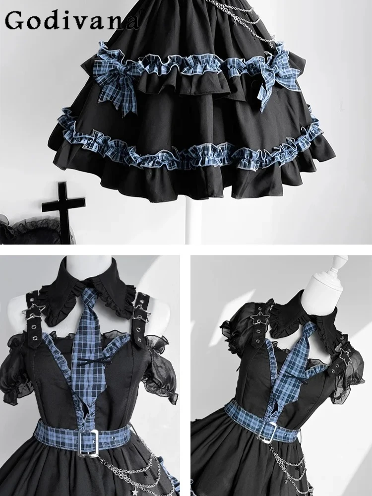 

Lolita Punk High Waist A-line Personality Chain Short Dress 2025 Girl Spring Summer New Ruffles Puff Sleeve Square Neck Dresses