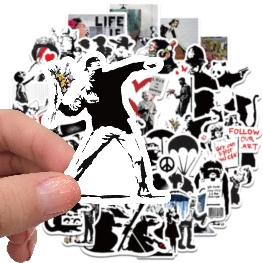 67PCS Banksy Sculptures Flower Thrower Stickers Cool Street Art Graffiti Decals for Luggage Laptop Skateboard Phone Bicycle