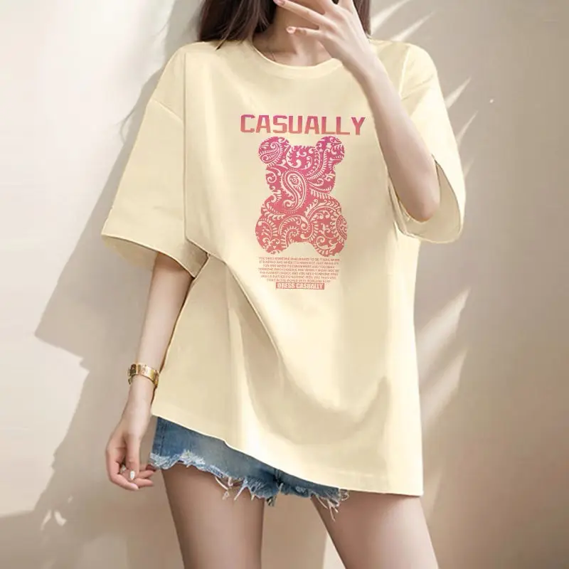 Women Clothing American Style Pure Cotton Basic T-shirt Summer Casual Loose Letter Print Top Tee Office Lady All-match Pullovers