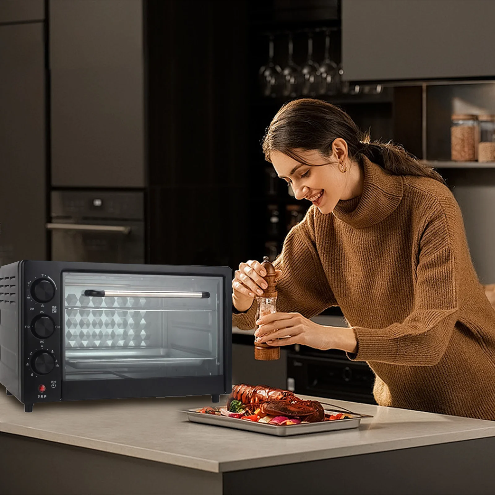 مقلاة كهربائية بفرن سعة كبيرة 1000 وات 22 لتر، خالية من الزيت، منزل أوتوماتيكي، مطبخ 360 درجة °   فرن حراري محضر أغذية الأطفال