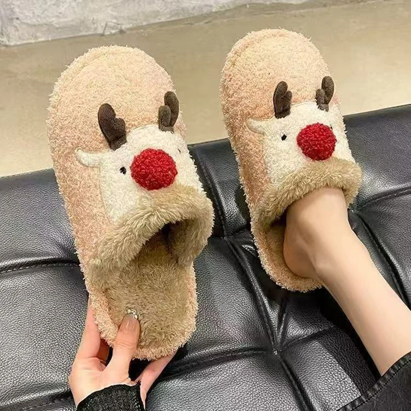Cute Christmas Elk Cotton Slippers for Women in Winter Ins Fashion Home Anti slip Couple Plush Cotton Shoes for Men