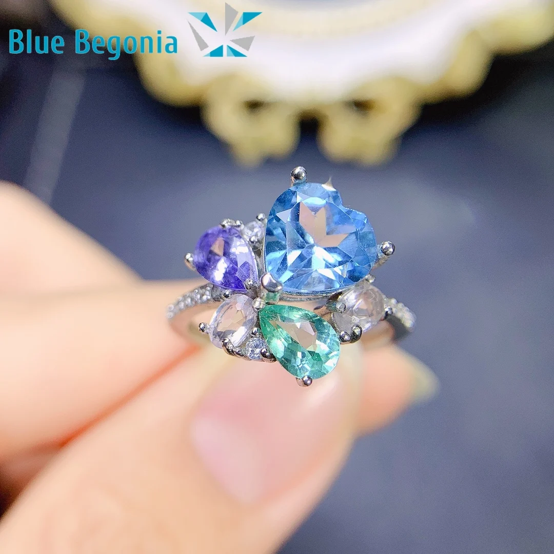 

Natural Topaz Tanzanite Apatite Ring for Women 925 Sterling Silver Jewelry Anniversary Gift Girl Friend Heart 8MM 4*6MM Gemstone