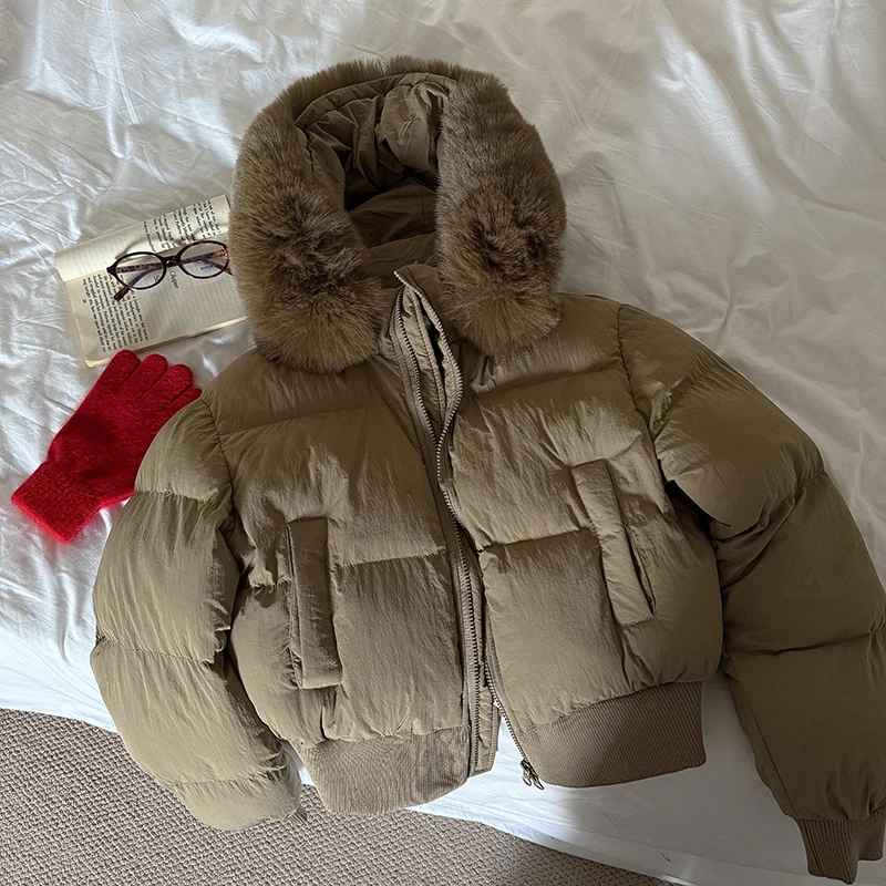

Зимняя женская короткая утепленная хлопковая куртка со съемным большим меховым воротником и капюшоном, верхняя одежда, однотонные универсальные куртки на молнии