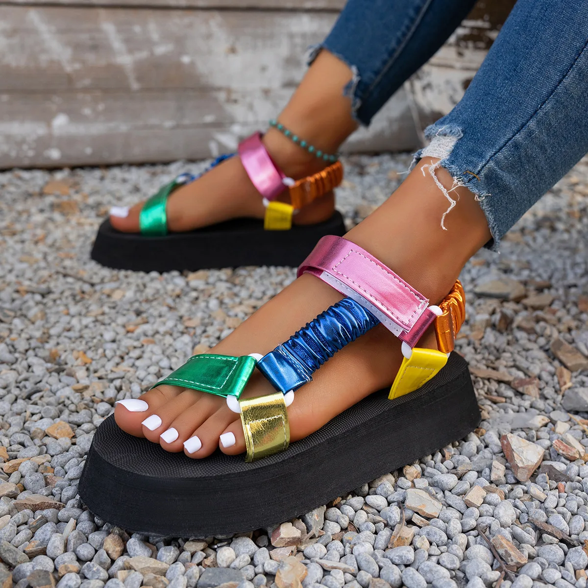 Women’s Multicolor Rainbow Platform Wedge Sandals with Ankle Strap Fashion Rainbow Color Block 10cm High Heel Waterproof  main image 2