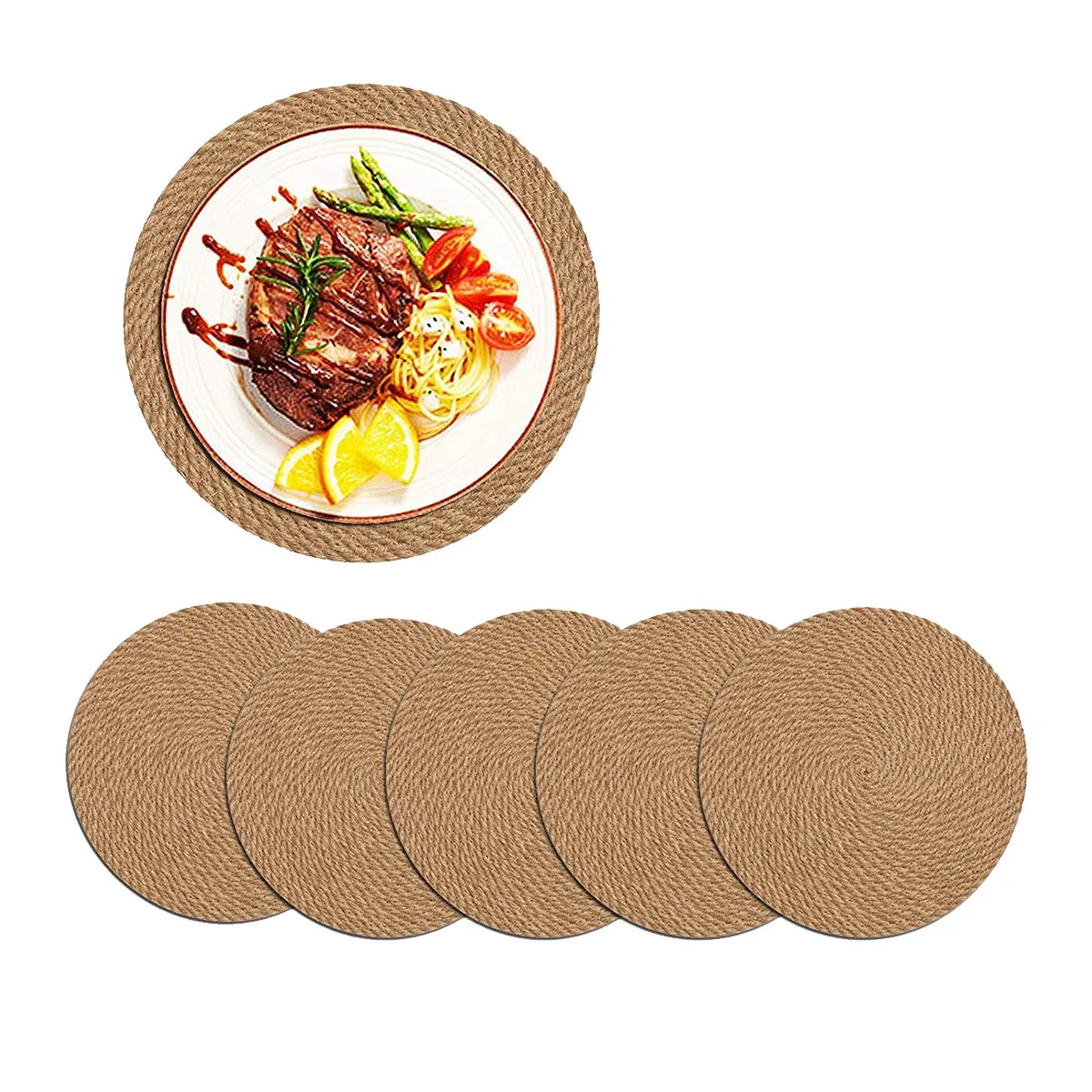 Round Braided Placemats Set of 6 Jute Handmade 7 Inch Heat Resistant Thick Hot Pads Mats Coaster