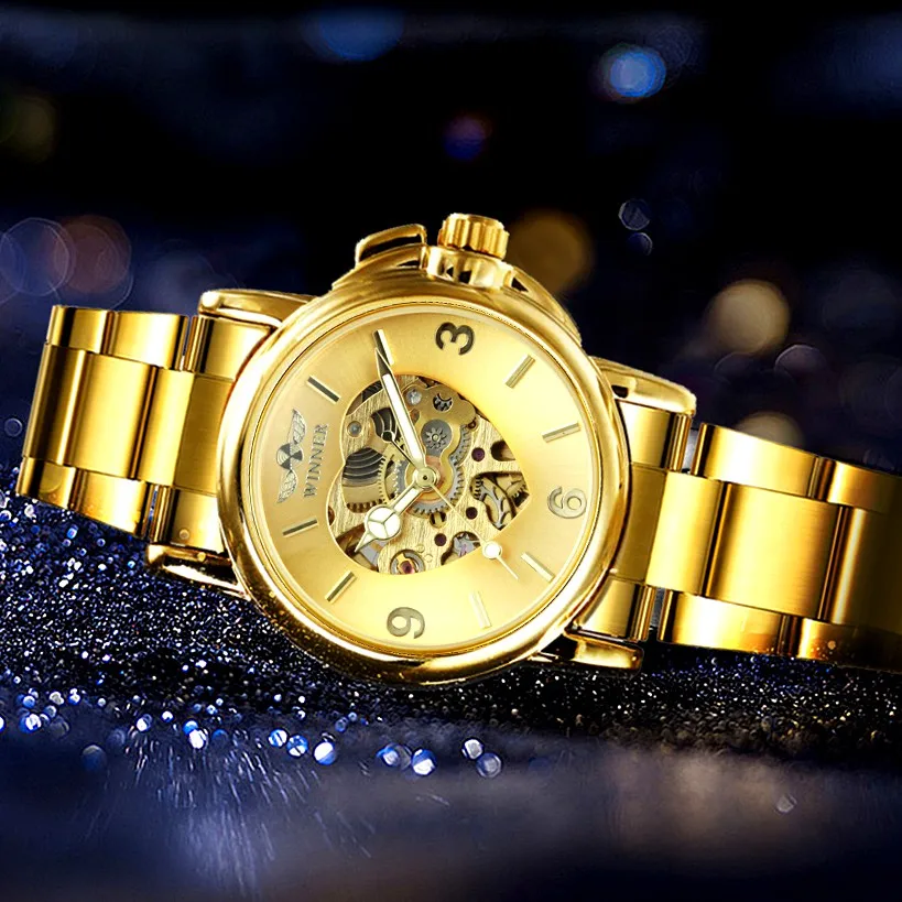 WINNER Elegant Ladies Watches Top Brand Luxury Gold Skeleton Automatic Mechanical Watch for Women Fashion Stainless Steel Strap