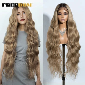 FREEDOM Body Wave Synthetic Lace Front Wigs For Women 36 inch Ombre Brown Blonde Lace Wig Highlight Cosplay Wigs Heat Resistant