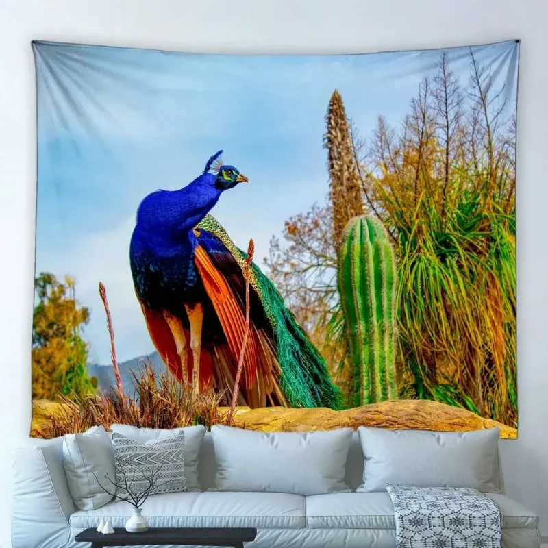 Tropical Forest Scenery Tapestry Peacocks Parrot Cactus Green Flower Park Garden Natural Landscape Wall Hanging Bedroom Decor