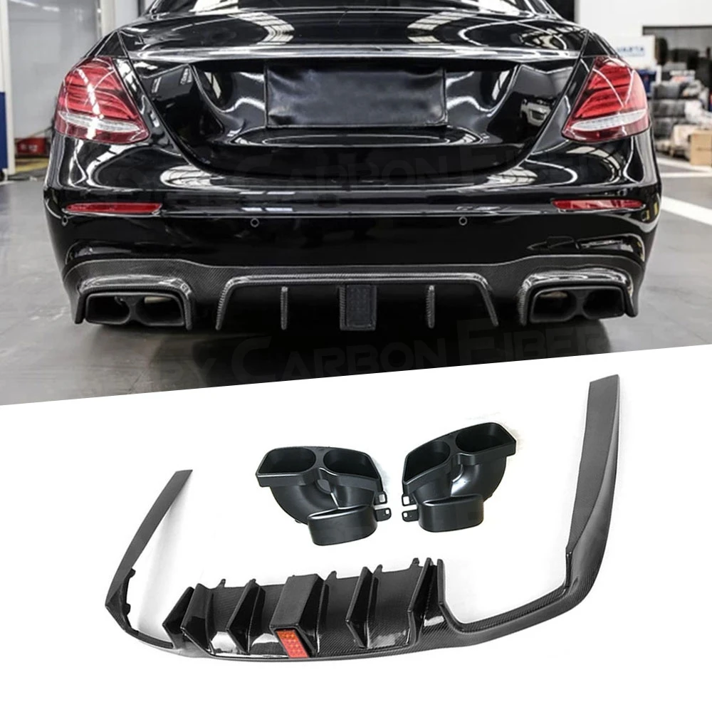 

Rear Bumper Lip Light Diffuser With Steel Exhaust Muffler Tips For Benz E Class W213 C238 E43 E63 AMG B Style 2017+Carbon Fiber