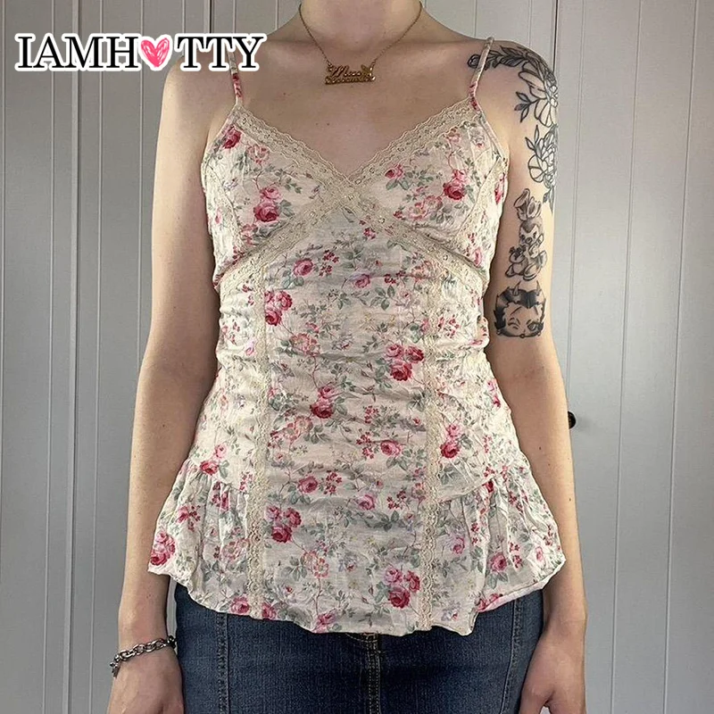 IAMHOTTY Coquette Aesthetic Floral Print Cami Women French Style Contrast Lace Stitching V-neck Spaghetti Straps Tops Vintage