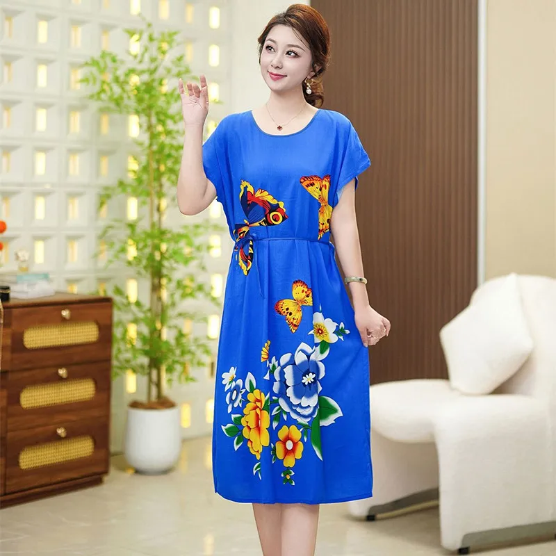 Chinese Style Night Dress Women Loose Cotton Night Wears for Lady Short Sleeve Summer Home Clothes Middle Aged Mother Nightgown