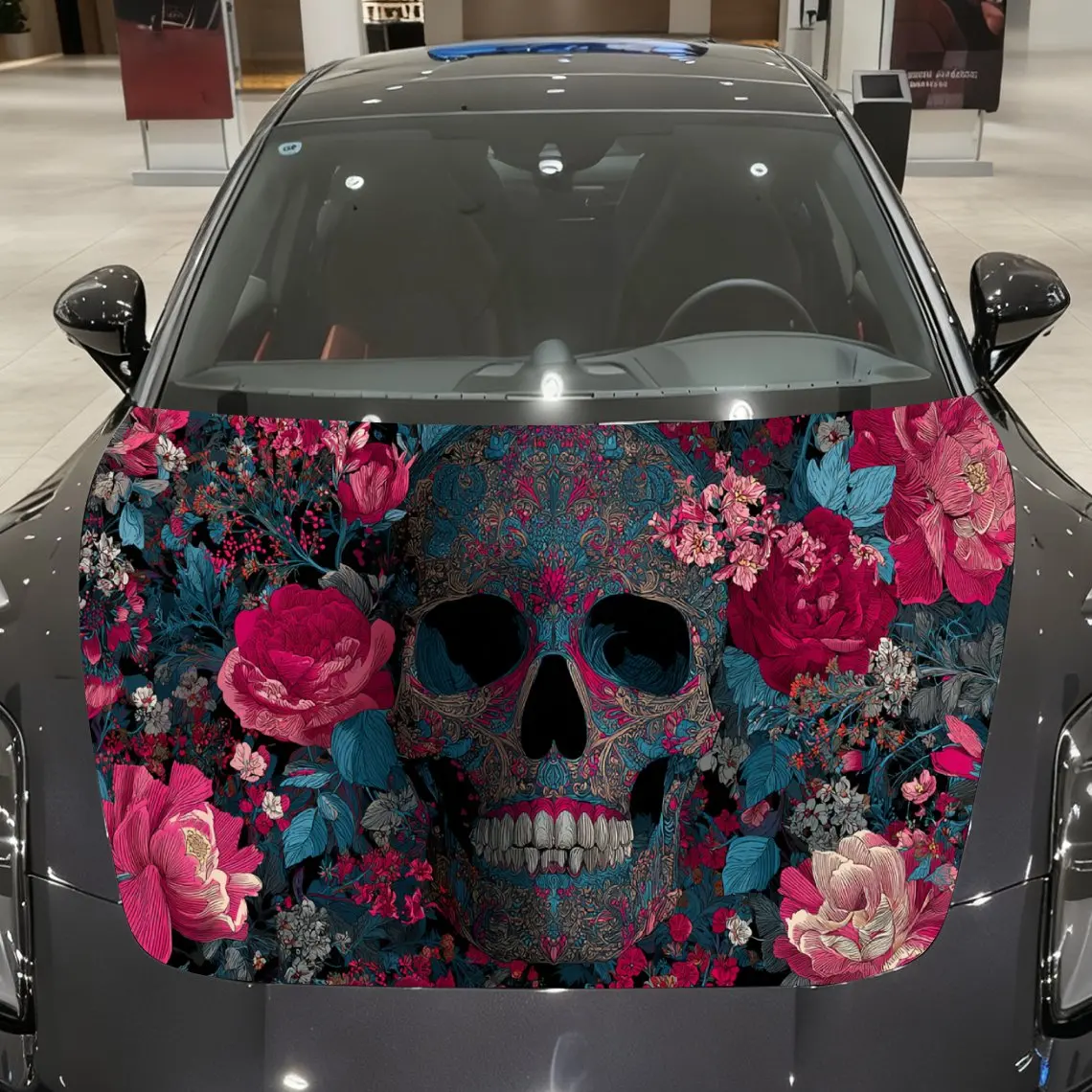 

Автомобильная наклейка Череп с красочным цветочным мотивом в художественном декоративном стиле - острая художественная темная фантазия Эстетическая наклейка на капот автомобиля, Wat