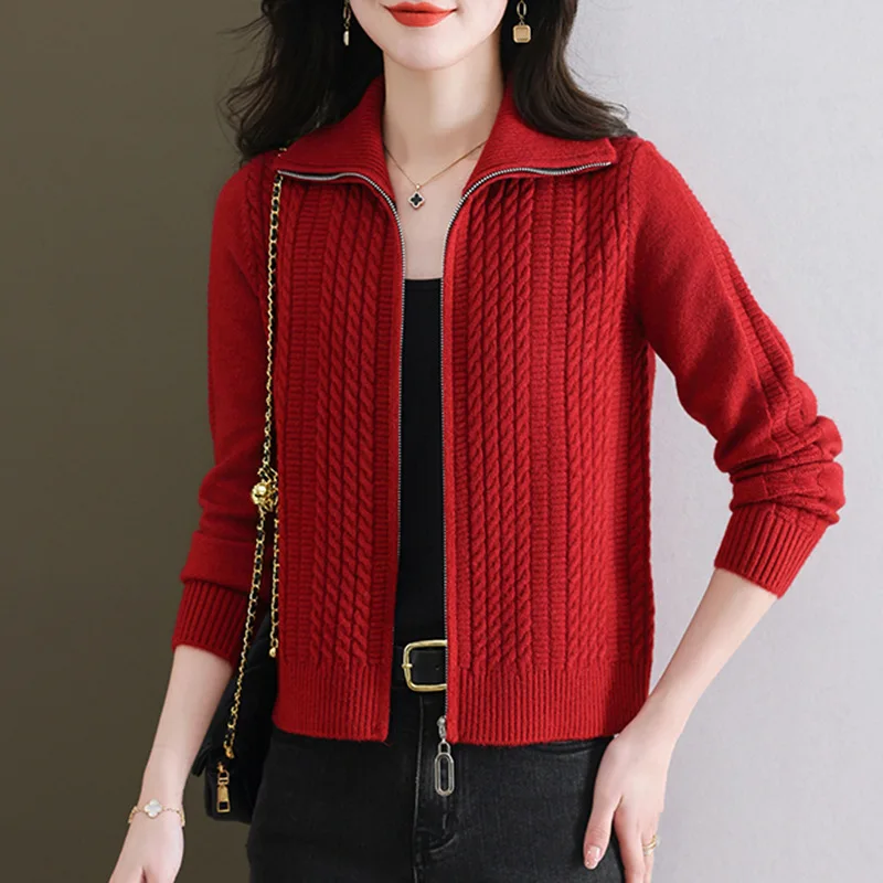 Knitwear Spring Autumn 2024 New Sweater Cardigan Women Loose Lapel Long Sleeve All-Match Sweater Women Zipper Coat Ladies